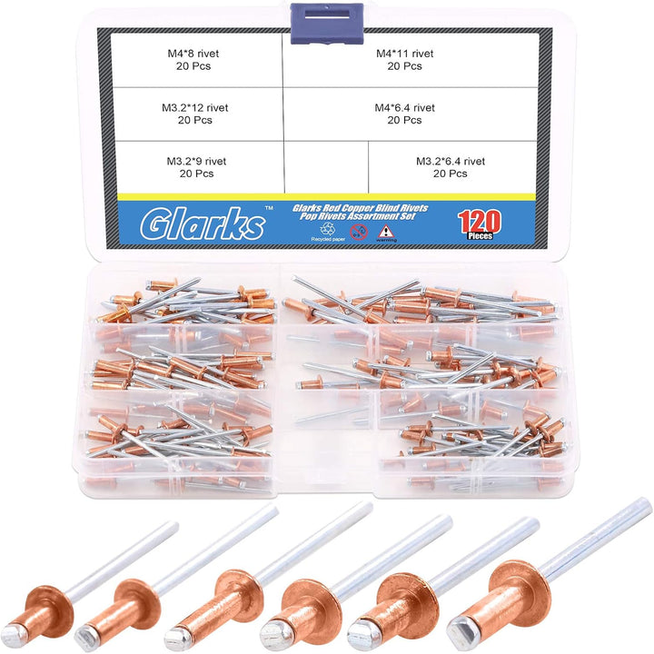 120Pcs 6 Size Red Copper Blind Rivets Pop Rivets Assortment Set for Sheet Metal, Automotive, Railway, and Furnitures