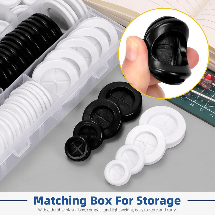 76pcs 5/8"(16mm) 13/16"(20mm) 1"(25mm) 1-3/16"(30mm) Black and White Rubber Grommet Set, Double Sided Round Rubber Hole Plugs Closed Firewall Hole Plug Rubber Gasket for Wire Protection