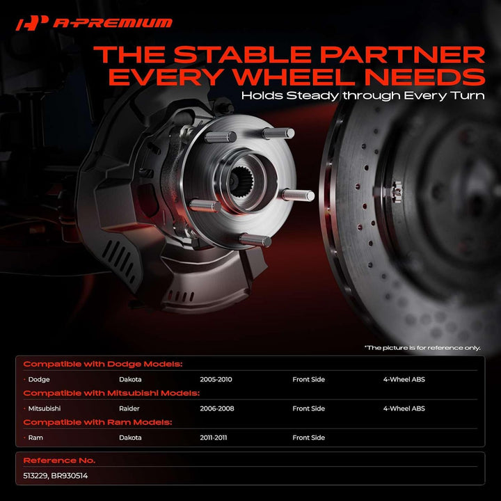 Front Wheel Bearing and Hub Assembly with ABS & 5-Lug Compatible with Dodge Dakota 2005-2010, Ram Dakota 2011, Mitsubishi Raider 2006-2008, 4-Wheel ABS Only, Replace # 513229