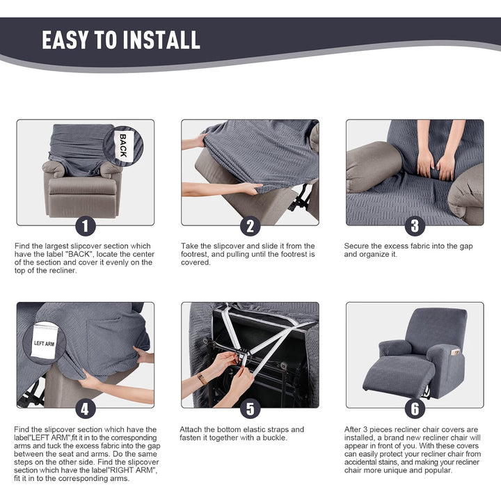 Recliner Chair Covers, Stretch Reclining Cover, Dark Gray 1 Seat Jacquard Soft Recliner Slipcovers, Washable Recliner Couch Covers, Furniture Protector Covers with Pocket for Pet Kid