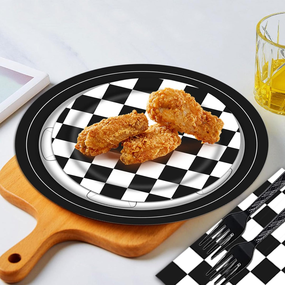 96PCS Racing Car Plates and Napkins Birthday Party Tableware Set Boys Kids Race Car Birthday Decorations Checkered Racing Birthday Party Supplies Plates Napkins Forks Serve 24