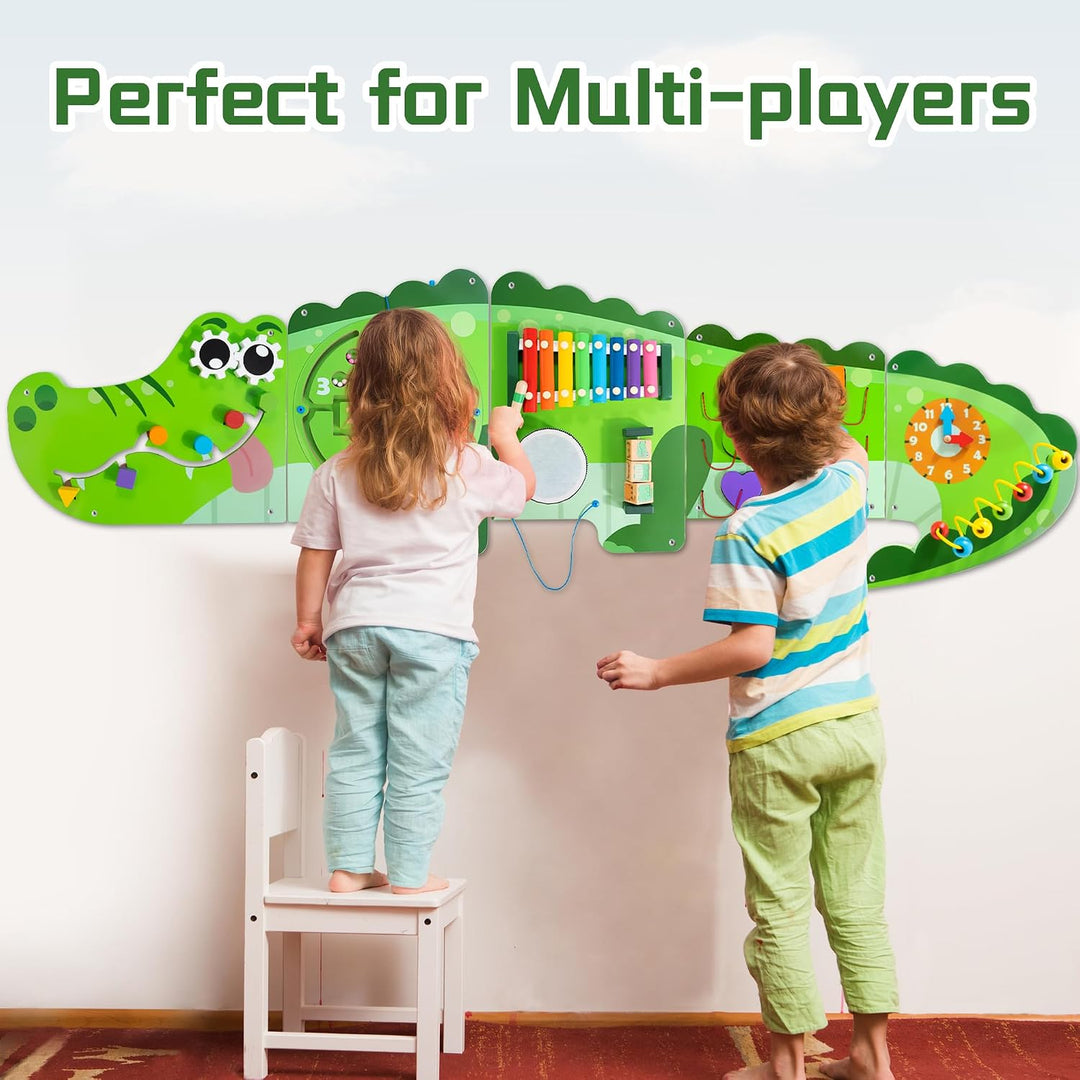 Crocodile Activity Wall Panels, 9-in-1 Wall-Mounted Crocodile Busy Board Wooden Montessori Activity Wall Panels Educational Sensory Board Playroom Wall Toys Daycare Learning Toy for Girls Boys