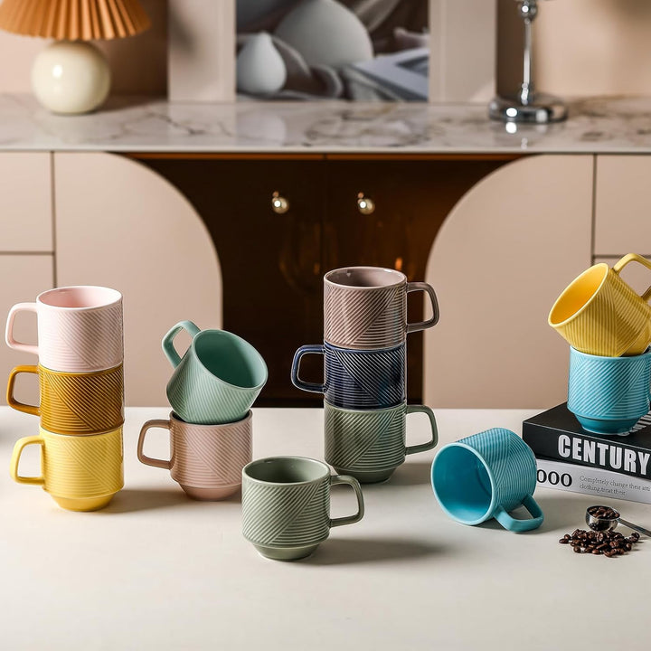 Stackable Coffee Mugs with Rack: 13 oz Stacking Ceramic Cups with Stand - Porcelain Stacked Tea Mug Set of 4 (Grey)