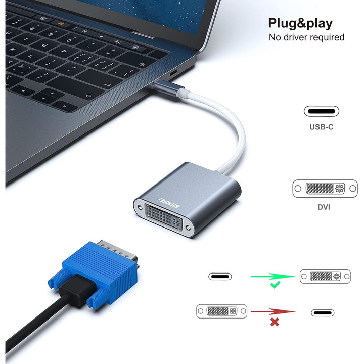 USB C to DVI Adapter, Type-C to DVI Adapter [Thunderbolt 3/4 Compatible] with iPhone 15 Pro/Max, MacBook Pro/Air 2023, iPad Pro, iMac, S23, XPS 17, Surface Book 3 and More - Grey