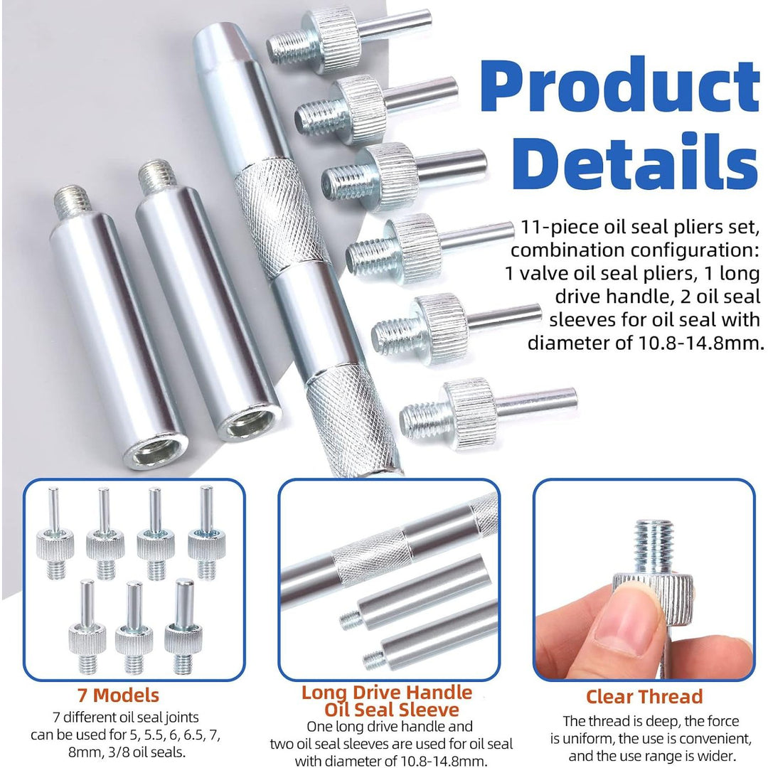 11Pcs Valve Seal Remover and Installer Kit, Professional Valve Stem Seal Removal Tool Kit with Pliers, Drive Handle, Sockets and Seal Adapters for Auto Car Truck Motorcycle Repair