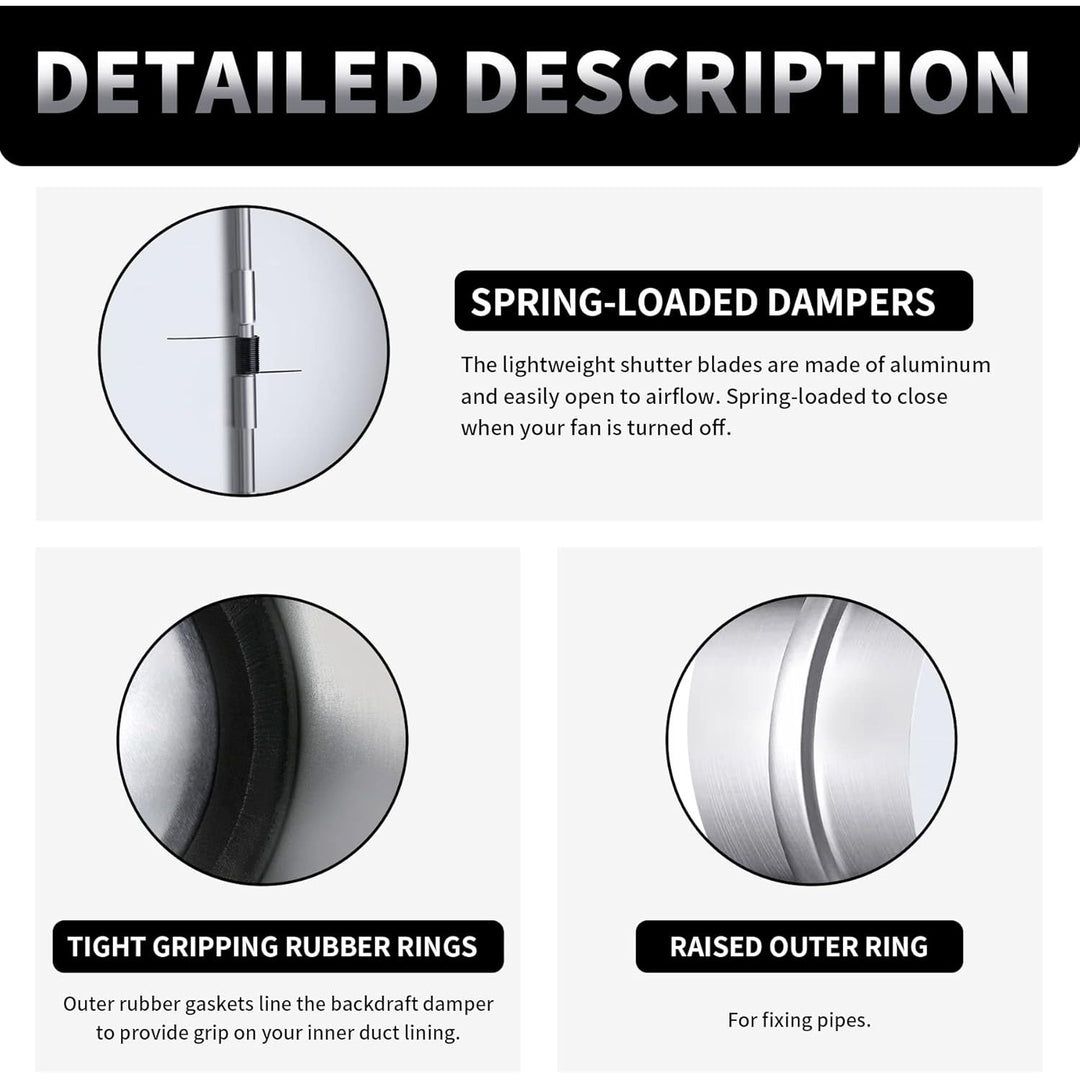 8 Inch Backdraft Damper Back Draft Vent Duct Shutter Blocker, Backflow Ducting Insert One-Way Airflow Preventer with Inline Springs Loaded Folding Blades, HVAC Extractor Range Fan Hood Deflector