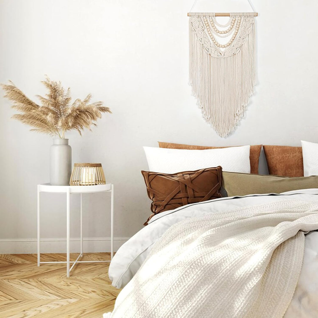Small Macrame Wall Hanging Boho Handmade Woven Tapestry Bohemian Wall Art Decor with Chic Wooden Beads Home Decor for Bedroom Living Room Apartment Dorm Gallery Wedding 16.5"x28"