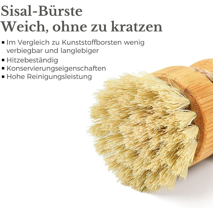 Natural Bamboo Brush, 2Pcs Sisal Scrub Brush with Ceramic Dish