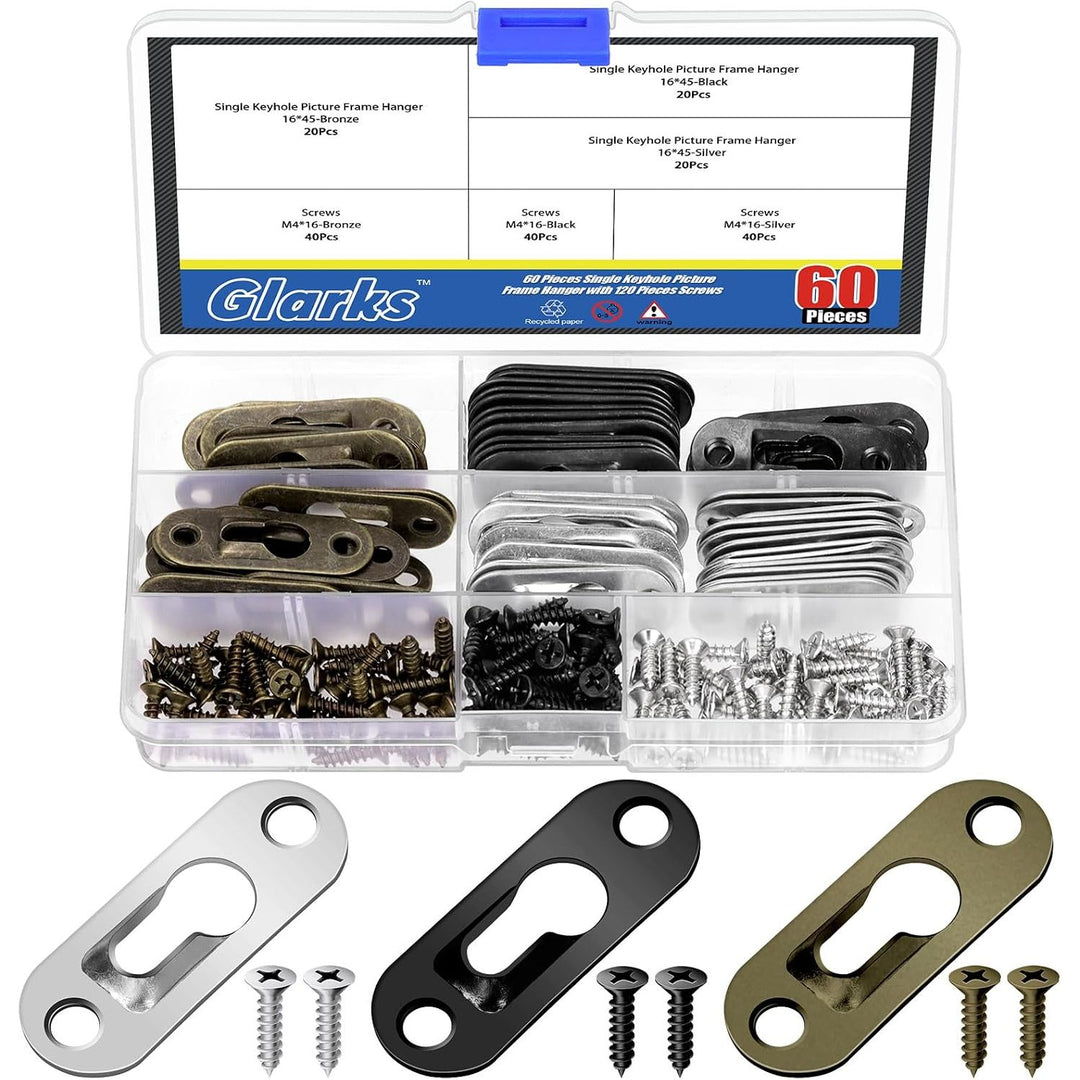 180pcs 45 x 16mm Keyhole Hangers, Silver/Black/Bronze Keyhole Shelf Hanger with Screw, Single Keyhole Hanging Plate for Wall Mounting Coat Rack, Wooden Board, Mug