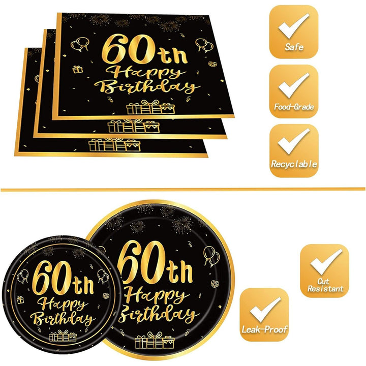 144PCS 60th Birthday Party Supplies Black and Gold 60 Years Birthday Plates and Napkins Tableware Set 60th Party Decorations Including Paper Plates Napkins Cups Forks Serve 24 for Men Women
