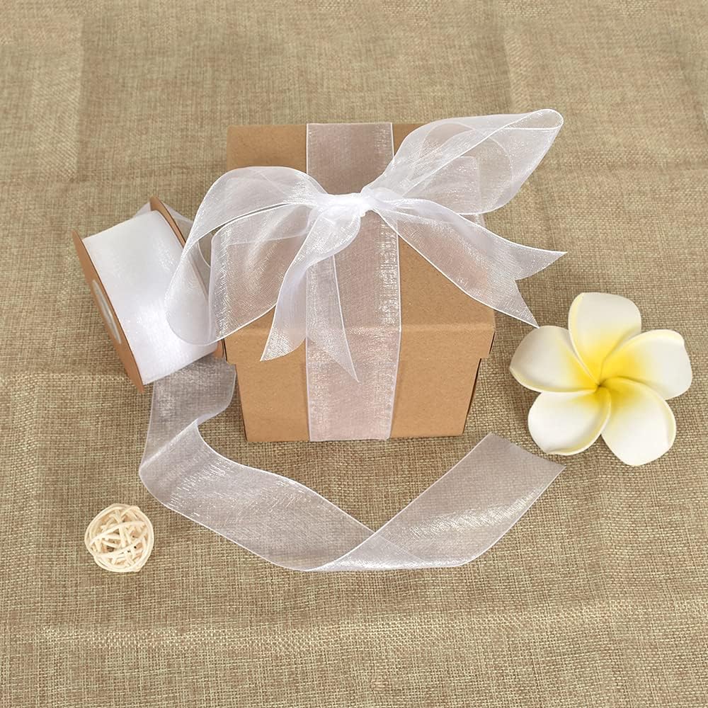 1-1/2 Inch White Organza Ribbon 25 Yards Sheer Chiffon Ribbons for Crafts Wedding Christmas Tree Decorations Valentine's Day Gift Wrapping Bow Making Floral Bouquets Wrapping