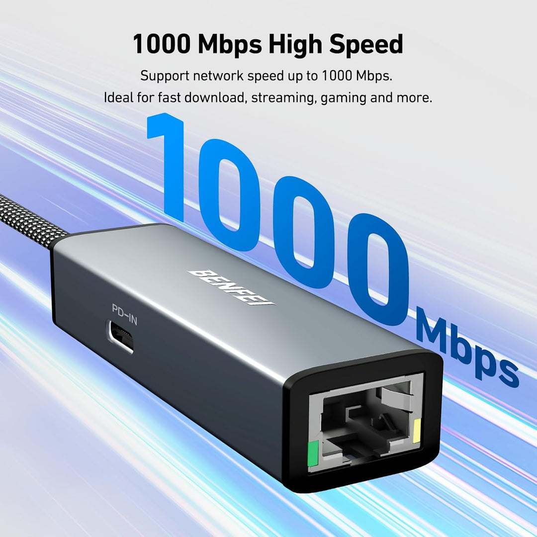 USB-C to Ethernet Gigabit Adapter with 100W Power Delivery, Thunderbolt 3/4 to RJ45 Ethernet LAN Network Adapter Compatible with iPhone 15 Pro/Max, MacBook Pro/Air 2023, iPad Pro, iMac