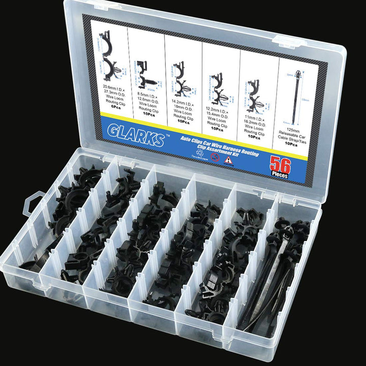 56-Pieces Auto Clips Car Wire Harness Routing Clip Assortment Kit for Honda GM Mazda, 6 Size from 3/8" to 3/4" Loom Clips