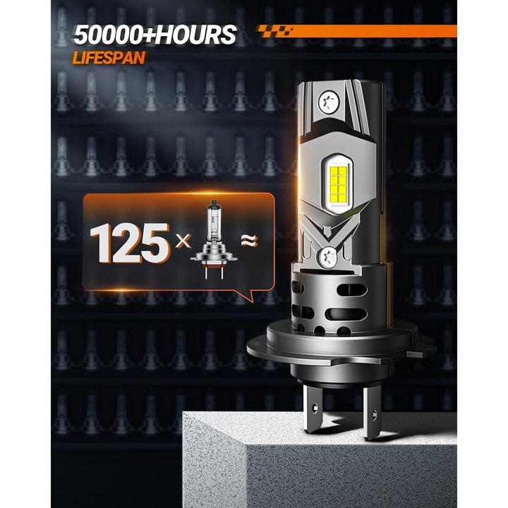H7 LED Headlight Bulbs, 32000 Lumens 800% Brighter 6500K Cool White Led Bulbs, All-in-One Mini Size H7 Lights with Fan, Plug and Play, Halogen Replacement, Pack of 2