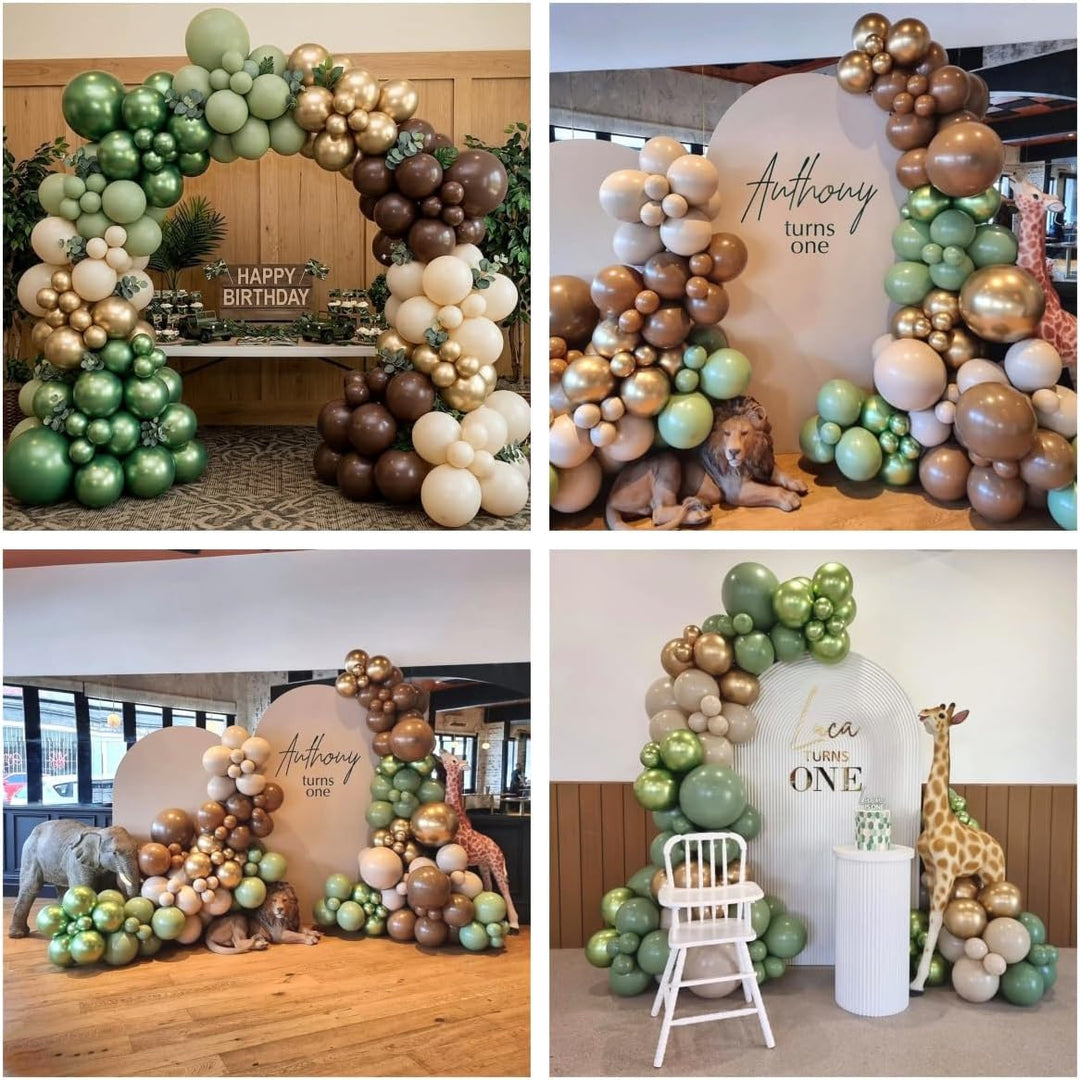 Sage Green Brown Safari Balloons, 60PCS Dusty Olive Green Coffee Beige Metallic Gold Eucalyptus Latex Balloon, Camo Army Hunting Balloons for Woodland Baby Shower Birthday Party Decorations Supplies
