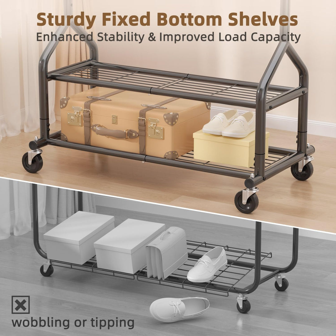 Heavy Duty Clothes Rack Load 556 LBS, Rolling Clothing Rack With Shelves, Height Adjustable Metal Clothes Hanger with Wheels Portable Wardrobe Organizer Garment Rod for Hanging Clothes (Black)