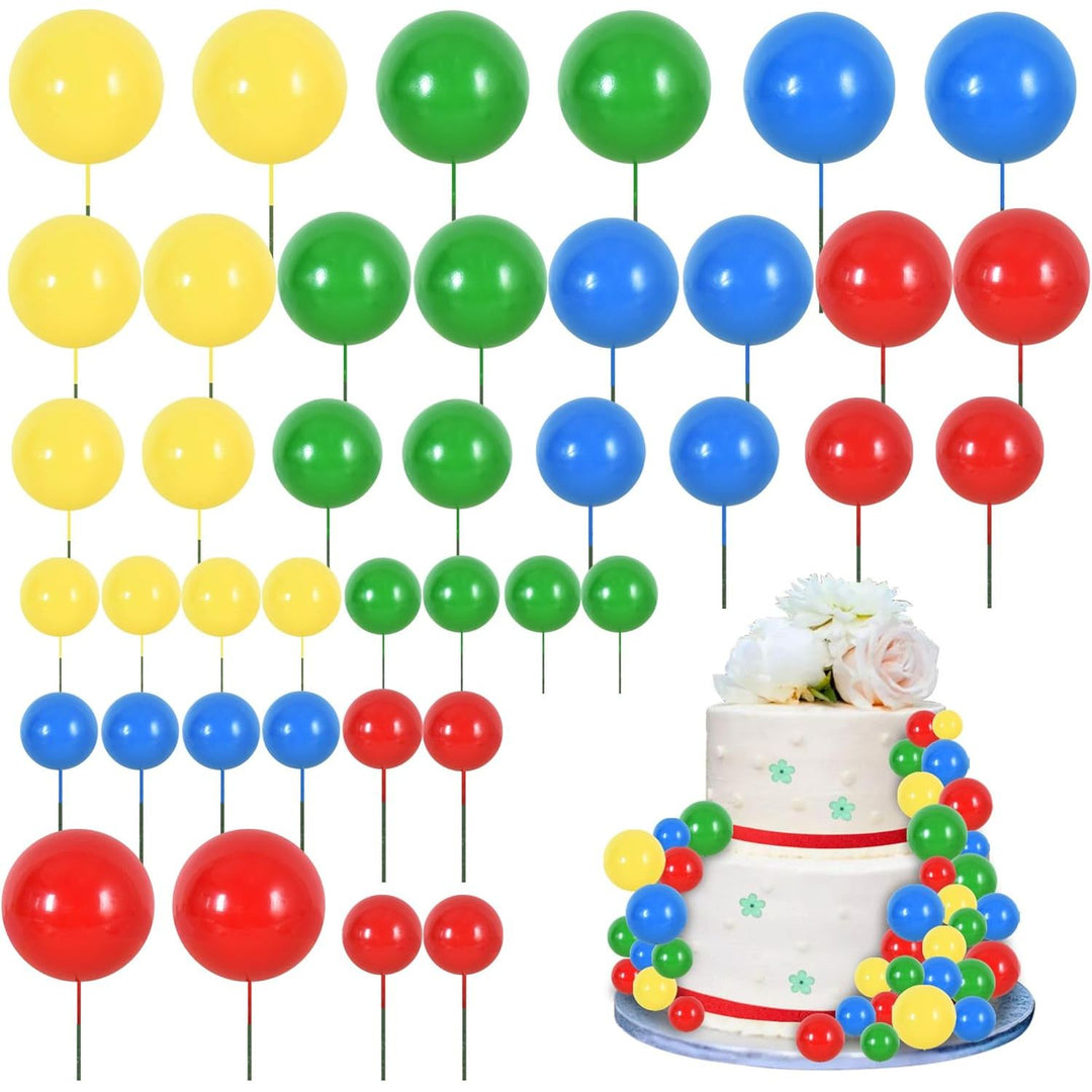 40 Pcs Ball Cake Toppers Mini Foam Balls Cake Decorations Insert Balls Cake Decorations DIY Cake Topper for Birthday Baking Anniversary Wedding and Baby Shower (Red Blue Yellow Green)