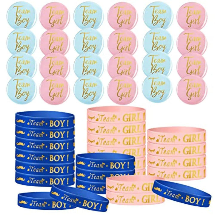 48 Piece Gender Reveal Bracelets Set, Includes 24 Piece Gender Reveal Button Pin 24 Piece Gender Reveal Bracelet Team Boy Girl Wristband for Baby Shower Gender Reveal Party Favors Supplies