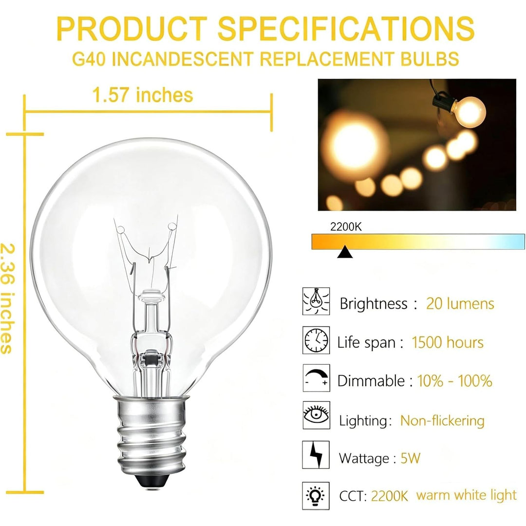 G40 Incandescent Globe 120V Light Bulb E12 Outdoor Light Bulbs 5W 2200K Warm White String Light Bulbs Patio Light Bulbs Replacement for Outdoor String Lights