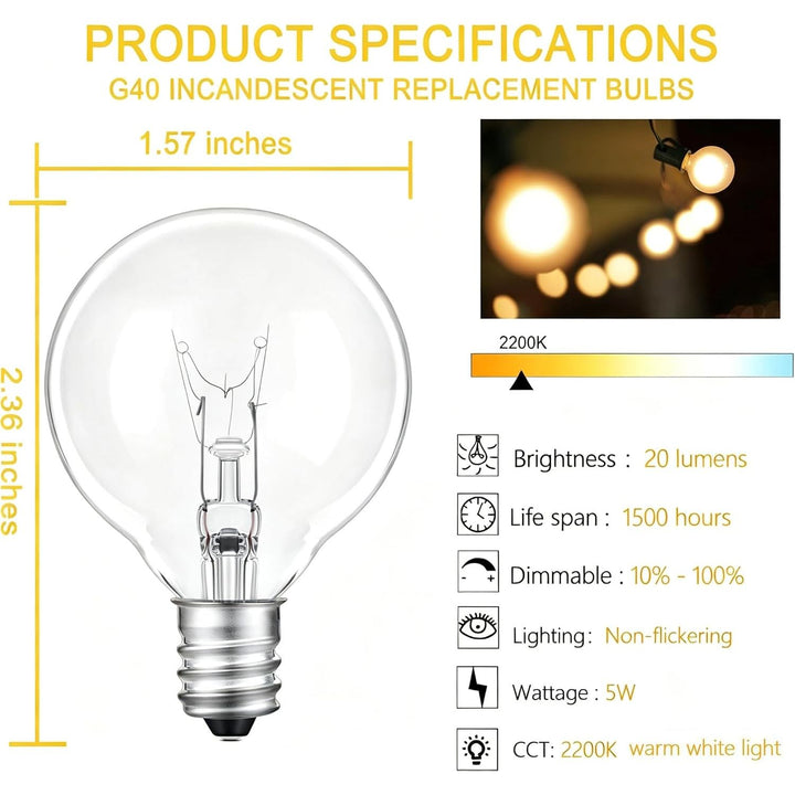 G40 Incandescent Globe 120V Light Bulb E12 Outdoor Light Bulbs 5W 2200K Warm White String Light Bulbs Patio Light Bulbs Replacement for Outdoor String Lights