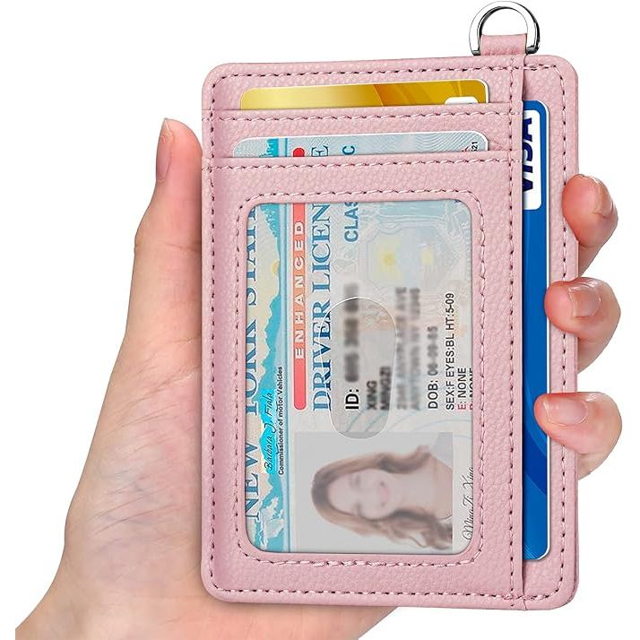 Slim Minimalist Front Pocket Wallet, RFID Blocking Credit Card Holder Wallet with Detachable D-Shackle for Men Women, Pink