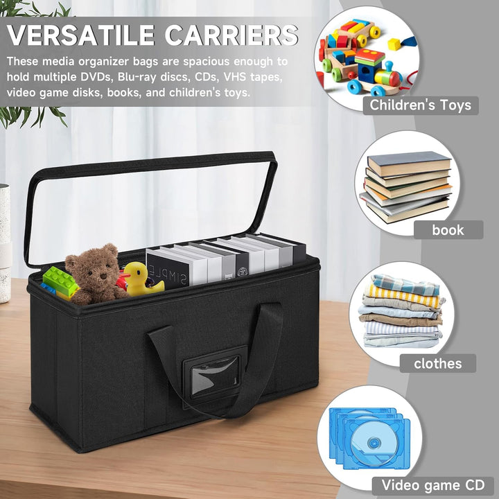 2 Pack CD Storage Boxes, CD Case Holder Organizer with Clear PVC Lid and Index Labels- 13.4"x 6.3"x 5.5" CDs Storage Holder Bags, Each Hold up to 31 CDs Jewel Cases or 170 Discs