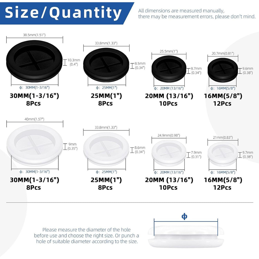 76pcs 5/8"(16mm) 13/16"(20mm) 1"(25mm) 1-3/16"(30mm) Black and White Rubber Grommet Set, Double Sided Round Rubber Hole Plugs Closed Firewall Hole Plug Rubber Gasket for Wire Protection