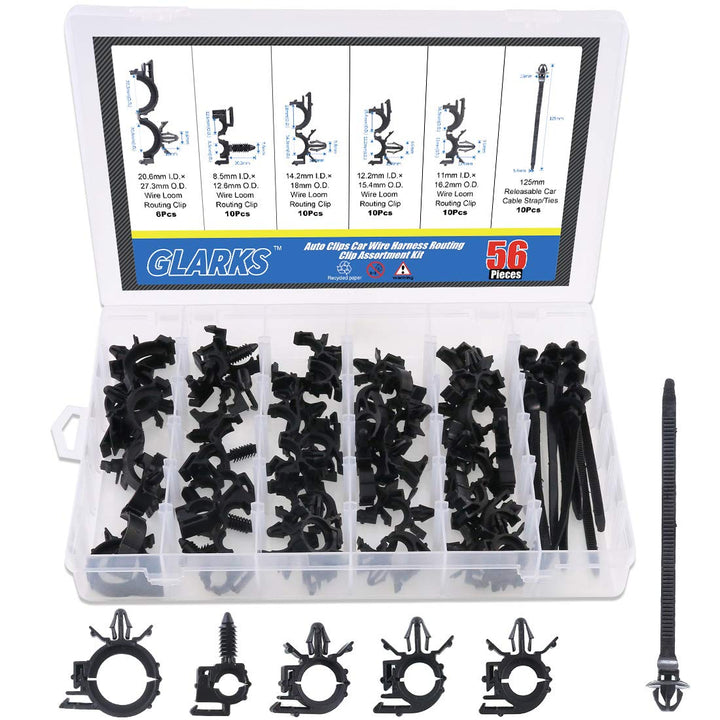 56-Pieces Auto Clips Car Wire Harness Routing Clip Assortment Kit for Honda GM Mazda, 6 Size from 3/8" to 3/4" Loom Clips