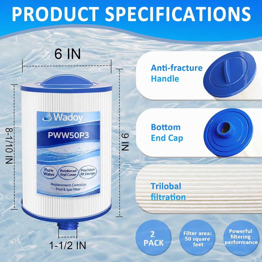 PWW50 Spa Filter Compatible with Pleatco Spa Hot Tub Filter, PWW50P3 Filter Compatible with Unicel 6CH-940, Filbur FC-0359, Waterways 817-0050 Front Access Skimmer Aber Hot Tubs, 2 Pack