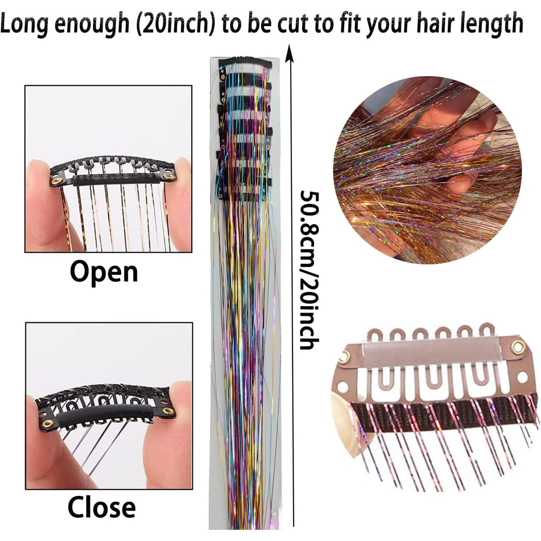20 Inch Heat Resistant Hair Tinsel Clips - Fairy Kit Glitter Extensions for Women, Girls, and Kids, Ideal Sparkly Christmas Gift (Silver)