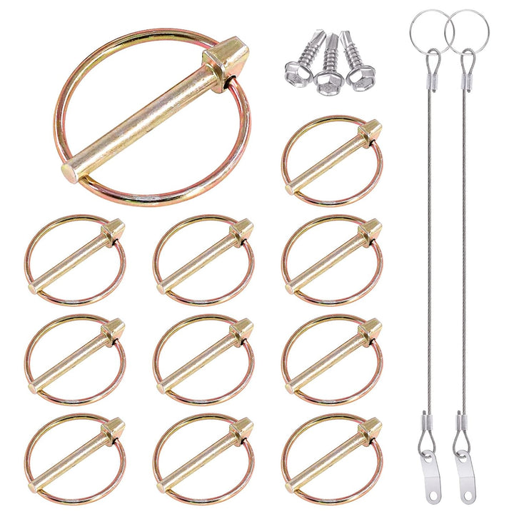 15Pcs 3/16" x 1-7/16" Lynch Pin with Lanyard Cable Set 10Pcs Lynch Pin Lock Pin Clips and 2Pcs 304 Stainless Steel Lanyard Cable with Quick Release Ring for Farm Tractors Trailers Trucks Mowers