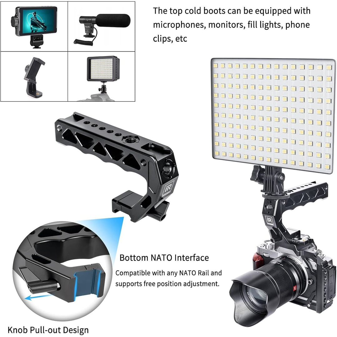 NH130 Top Handle and NATO Rail Kit, Comfort Ergonomic CNC Aluminum Alloy Grip, with Quick Release NATO Clamp, 3 Cold Shoes and 1/4" 3/8" ARRI Threads, for Camera Cage Video Rig, Max Load 10kg