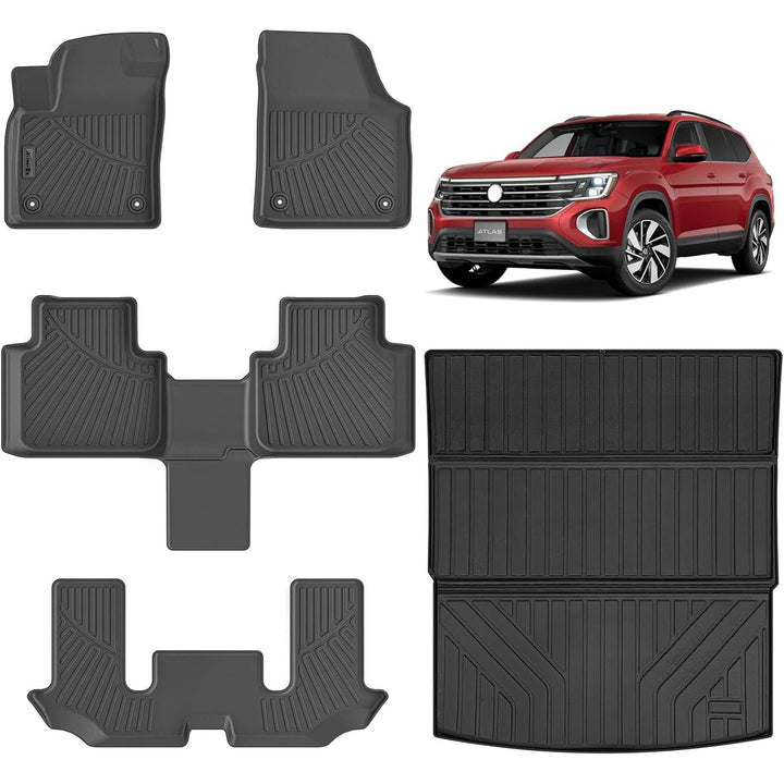 Floor Mats & Large Trunk Mat for 2018-2025 2026 Volkswagen Atlas（Only Fit 6 Seats）-2nd Row Bucket Seat，TPE All Weather Protection 3 Rows Car Floor Liners with Large Cargo Liners