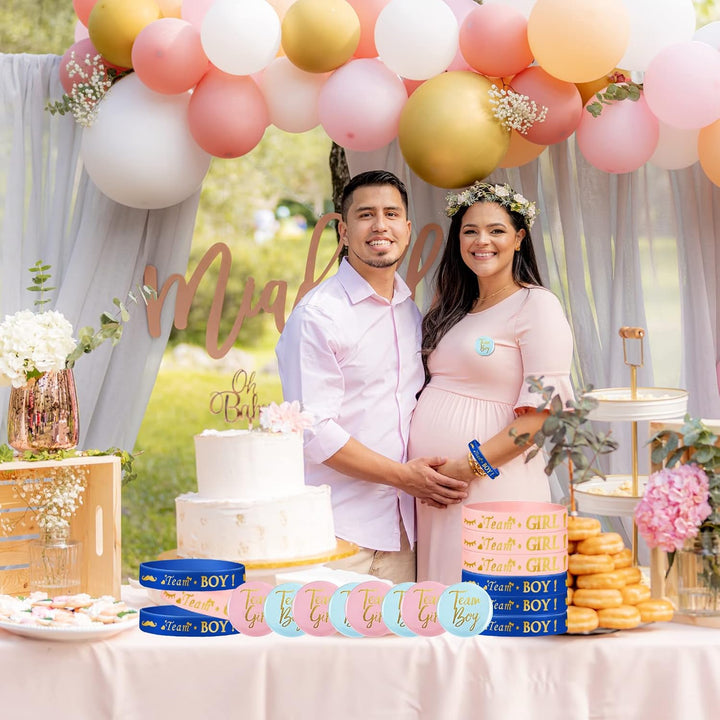 48 Piece Gender Reveal Bracelets Set, Includes 24 Piece Gender Reveal Button Pin 24 Piece Gender Reveal Bracelet Team Boy Girl Wristband for Baby Shower Gender Reveal Party Favors Supplies