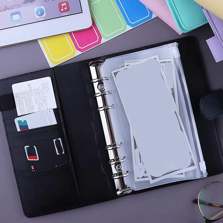 Binder Pockets A6 Size 6 Holes Zipper Binder Pouch Folders Clear Waterproof PVC Loose Leaf Bags for 6 Ring Binder Notebooks, Documents and Cards, Plastic Filing Bags, Mini Binder Cash Envelopes(12PCS)