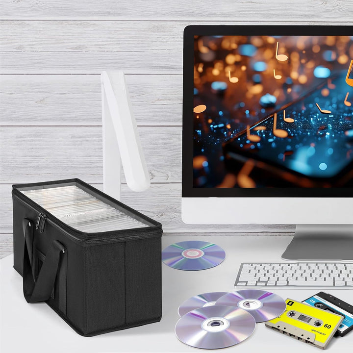 2 Pack CD Storage Boxes, CD Case Holder Organizer with Clear PVC Lid and Index Labels- 13.4"x 6.3"x 5.5" CDs Storage Holder Bags, Each Hold up to 31 CDs Jewel Cases or 170 Discs