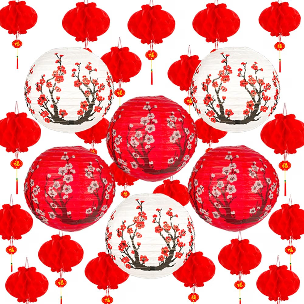 26Pack Chinese Japanese Paper Lanterns Red Cherry Blossom Hanging Paper Lantern Decoration, 30cm 20cm Hanging Lanterns for Asian Birthday Hibachi Wedding Baby Shower Party Lunar New Year Decor