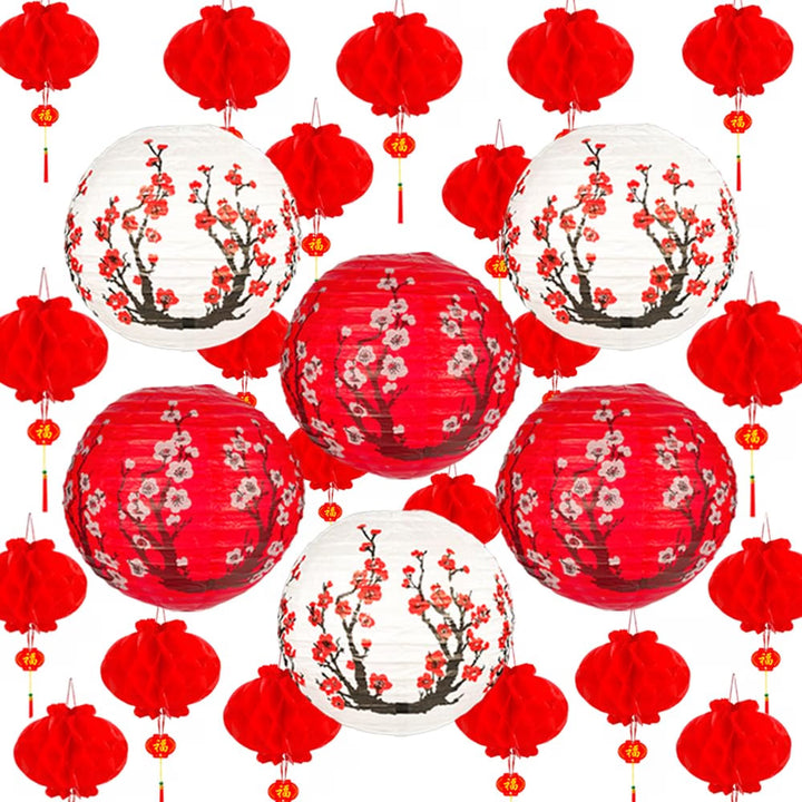 26Pack Chinese Japanese Paper Lanterns Red Cherry Blossom Hanging Paper Lantern Decoration, 30cm 20cm Hanging Lanterns for Asian Birthday Hibachi Wedding Baby Shower Party Lunar New Year Decor