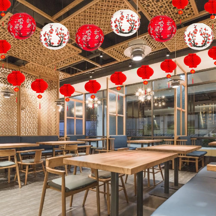 26Pack Chinese Japanese Paper Lanterns Red Cherry Blossom Hanging Paper Lantern Decoration, 30cm 20cm Hanging Lanterns for Asian Birthday Hibachi Wedding Baby Shower Party Lunar New Year Decor