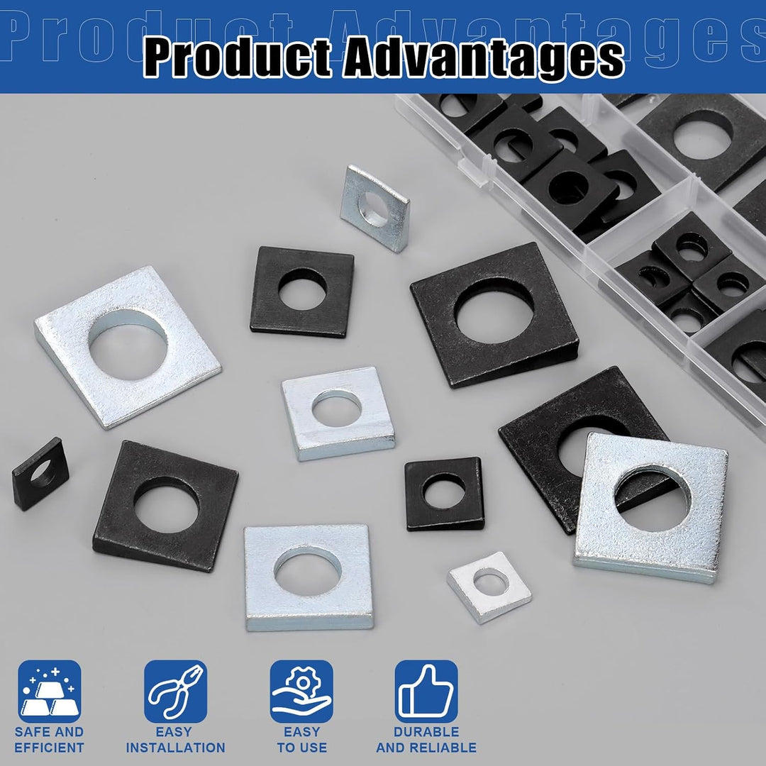 34pcs M8/M10/M12/M16/M18/M20 Square Beveled Washers Kit, Zinc Plated Carbon Steel Wedge Washer, Heavy Duty Leveling Washer for Shim Leveling/I-Beams/Slot Section