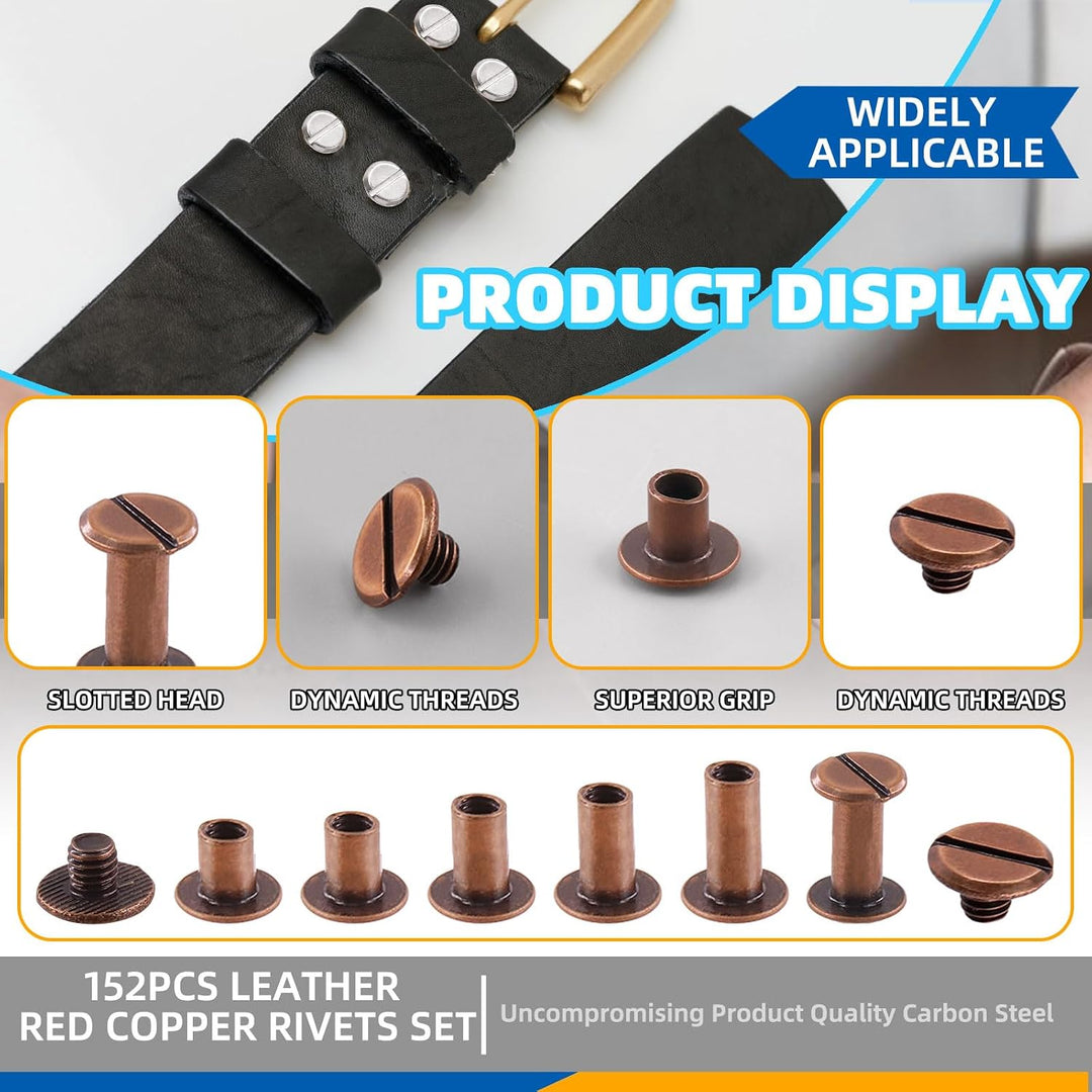 150 Sets Red Bronze Chicago Screws Assorted Kit - M5 x 5mm, 6mm, 8mm, 10mm, 12mm Rivets and 4x4mm Flat Head Stud Screw - Nail Rivet Button Screw Posts Metal Accessories (Red Bronze)