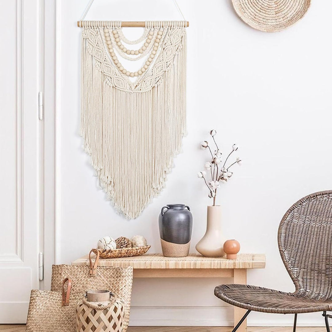 Small Macrame Wall Hanging Boho Handmade Woven Tapestry Bohemian Wall Art Decor with Chic Wooden Beads Home Decor for Bedroom Living Room Apartment Dorm Gallery Wedding 16.5"x28"