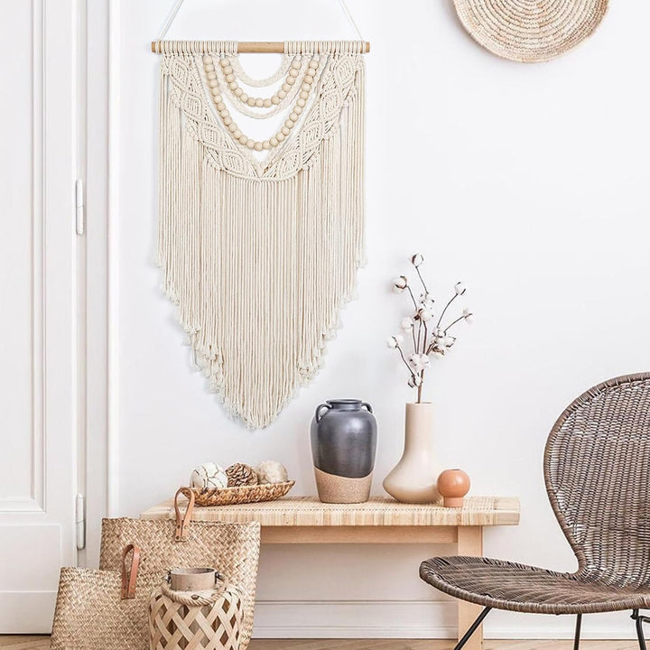 Small Macrame Wall Hanging Boho Handmade Woven Tapestry Bohemian Wall Art Decor with Chic Wooden Beads Home Decor for Bedroom Living Room Apartment Dorm Gallery Wedding 16.5"x28"