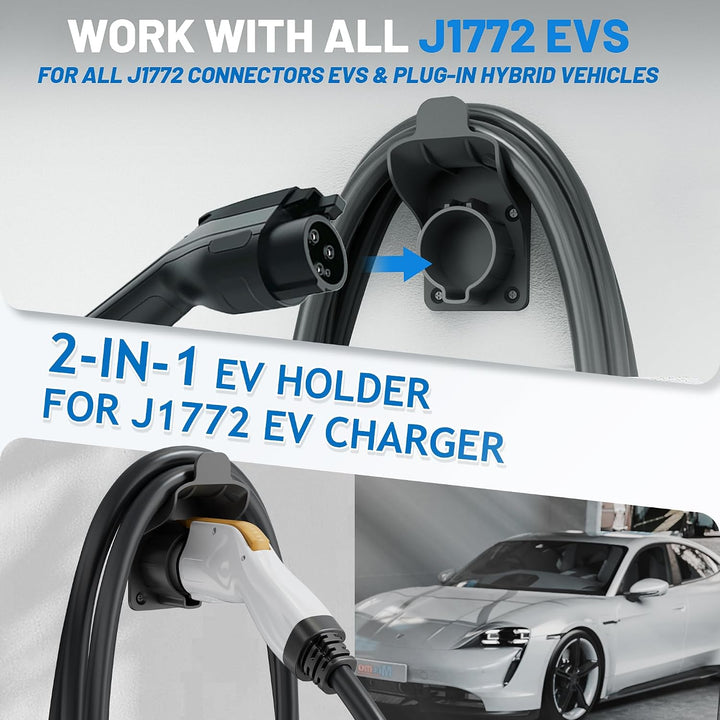 EV Charger Holder Waterproof for SAE J1772, Wall Mount Nozzle Holster Dock for Indoor Outdoor, Electric Vehicle EVSE PHEV Charging Plug Cable Hanger Cord Organizer, PC Heat Resistance -22~122?