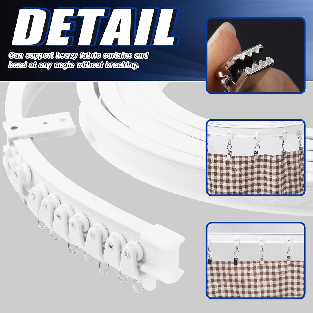 155Pcs 5M/16.4ft White Bendable Curved Ceiling Curtain Track Set, Includes 40Pcs 3.5CM Curtain Hooks, 40Pcs Curtain Clips for U Shape L Shape Shower Curtains Bay Window Room Divider