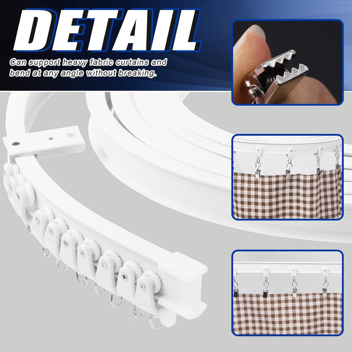 155Pcs 5M/16.4ft White Bendable Curved Ceiling Curtain Track Set, Includes 40Pcs 3.5CM Curtain Hooks, 40Pcs Curtain Clips for U Shape L Shape Shower Curtains Bay Window Room Divider