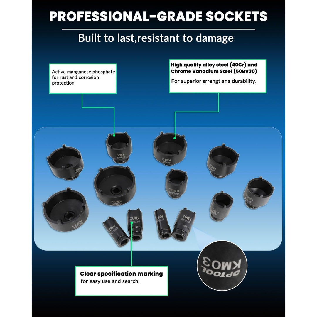 13pc Spindle Nuts Socket Kit Ball Joints Axle Locknut Remove Install Locking Hub Socket for KM Groove Nuts, 4 Teeth Exterior with 1/2'' 21.5mm 25mm 30mm 32.5mm 36mm 43mm 48.5mm 57mm 62.5mm 69mm 76mm