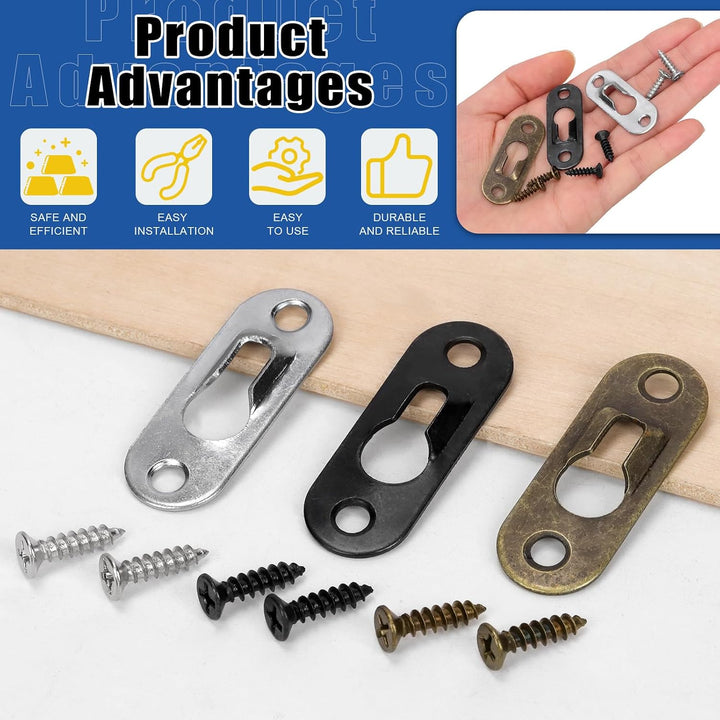 180pcs 45 x 16mm Keyhole Hangers, Silver/Black/Bronze Keyhole Shelf Hanger with Screw, Single Keyhole Hanging Plate for Wall Mounting Coat Rack, Wooden Board, Mug