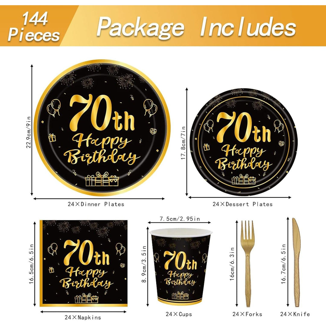 144PCS 70th Birthday Party Supplies Black and Gold 70 Years Birthday Plates and Napkins Tableware Set 70th Party Decorations Including Paper Plates Napkins Cups Forks Serve 24 for Men Women