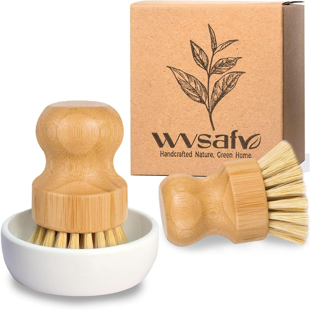 Natural Bamboo Brush, 2Pcs Sisal Scrub Brush with Ceramic Dish